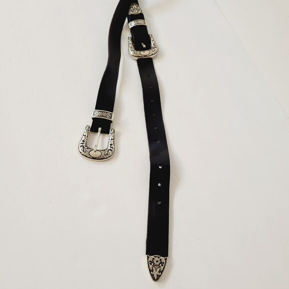 Western Embossed Metal Floral Scrolled Black Leather Double Buckle Belt main image 4